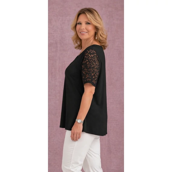 Csipkés ujjú, V-csipke nyakas tunika -FEKETE- 50-60 mére