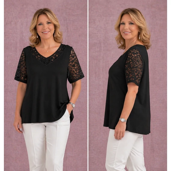 Csipkés ujjú, V-csipke nyakas tunika -FEKETE- 50-60 mére