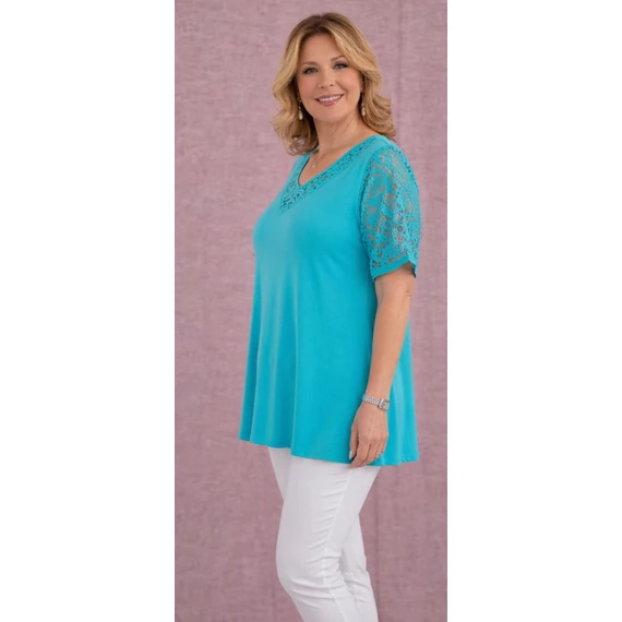 Csipkés ujjú, V-csipke nyakas tunika -TÜRKIZ- 50-60 méret