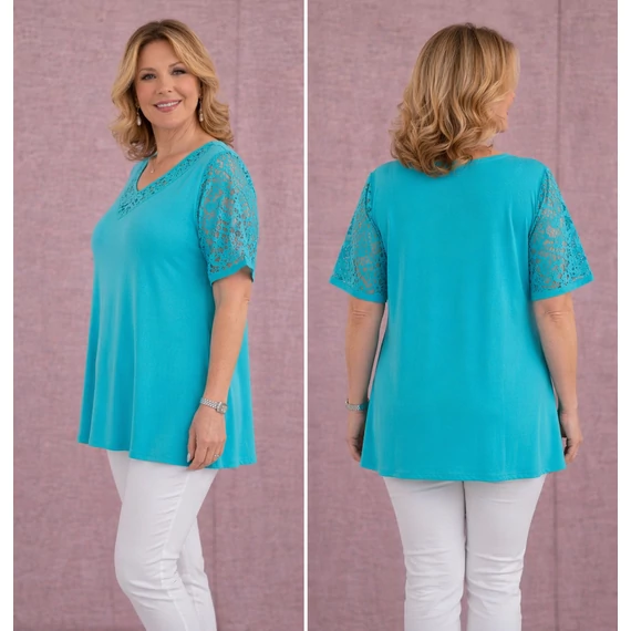 Csipkés ujjú, V-csipke nyakas tunika -TÜRKIZ- 50-60 méret