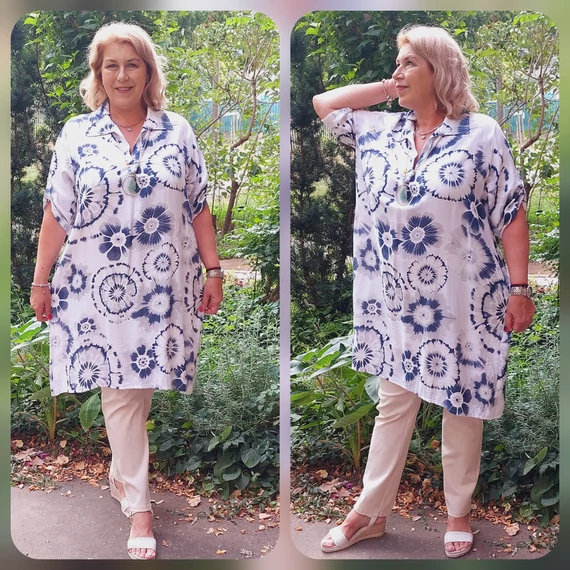 Galléros, batikolt&margaréta mintás tunika - FEHÉR - 48-54 méret