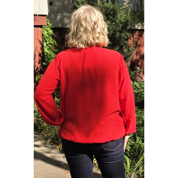Álló galléros, alul gumis, hosszú ujjas blúz - PIROS - 44-50-es méret