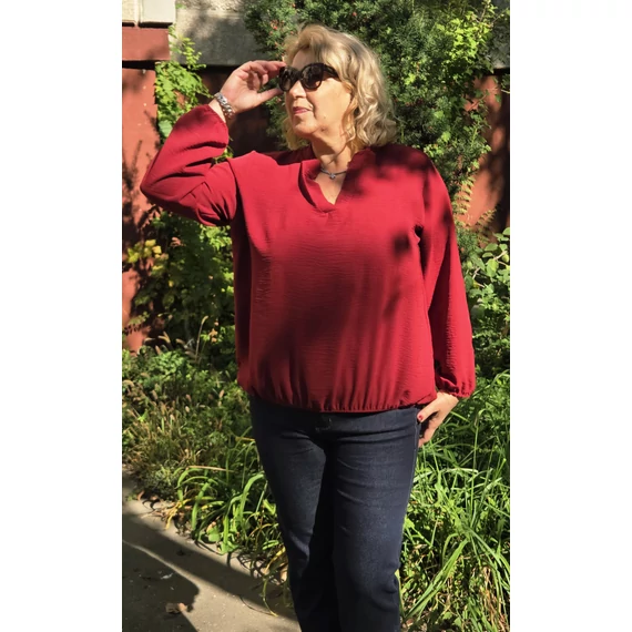 Álló galléros, alul gumis, hosszú ujjas blúz - BORDÓ - 44-50-es méret