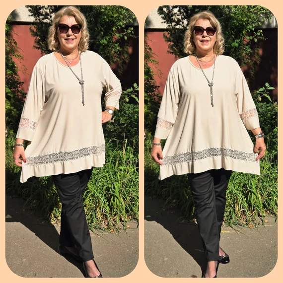 ALKALMI, csipke BETÉTES ujjas&aljú felső - BÉZS - 48-54 méret