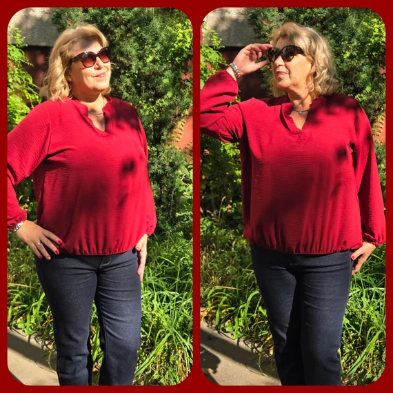 Álló galléros, alul gumis, hosszú ujjas blúz - BORDÓ - 44-50-es méret