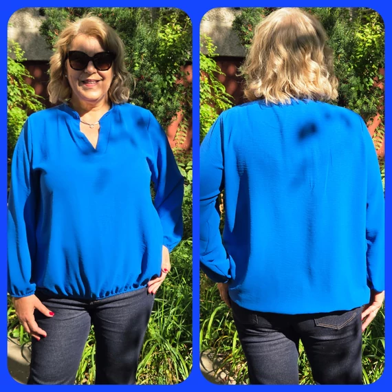 Álló galléros, alul gumis, hosszú ujjas blúz - KIRÁLYKÉK - 44-50-es méret