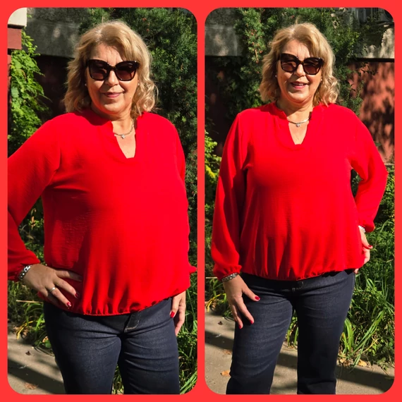 Álló galléros, alul gumis, hosszú ujjas blúz - PIROS - 44-50-es méret