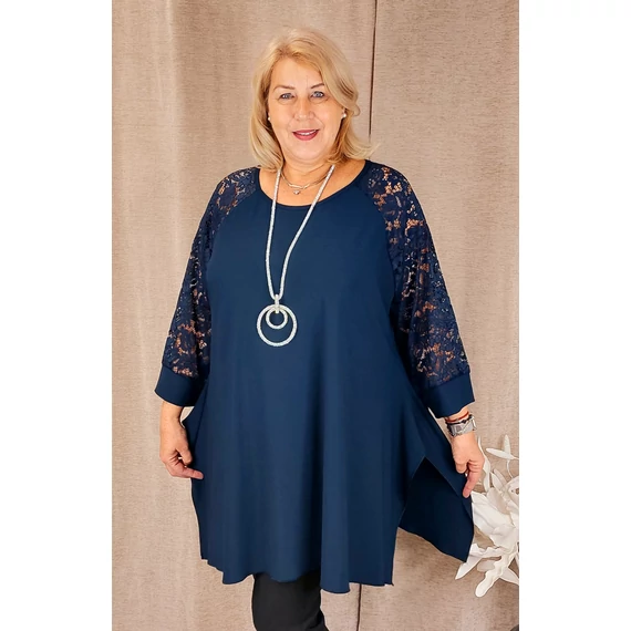 KEREK nyakú, CSIPKE ujjas felső - SÖTÉTKÉK - 50-56 méret 