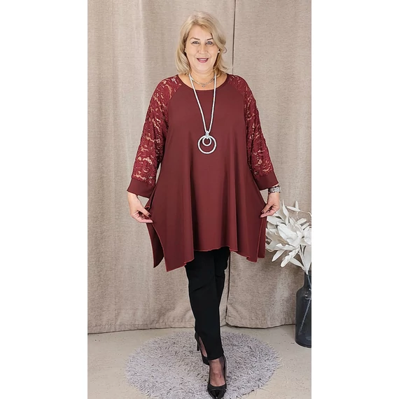 KEREK nyakú, CSIPKE ujjas felső - BORDÓ - 50-56 méret 