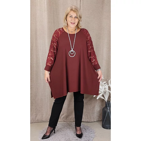 KEREK nyakú, CSIPKE ujjas felső - BORDÓ - 50-56 méret 