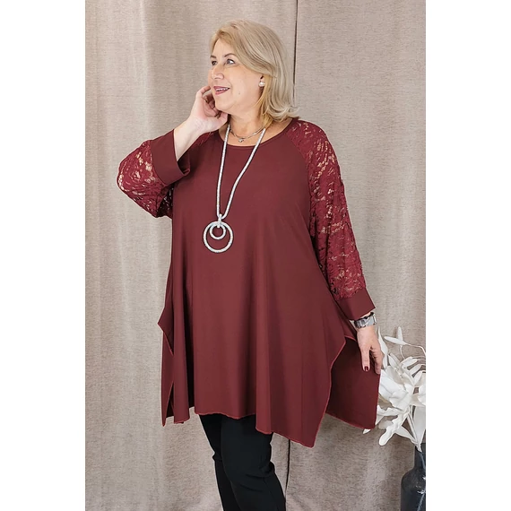KEREK nyakú, CSIPKE ujjas felső - BORDÓ - 50-56 méret 