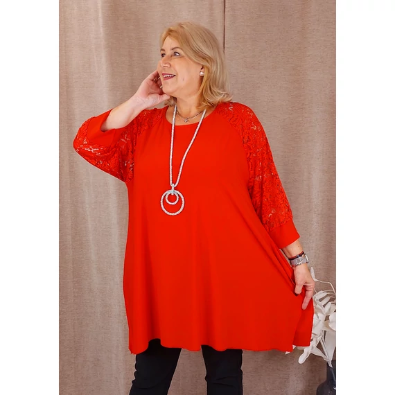 KEREK nyakú, CSIPKE ujjas felső - PIROS - 50-56 méret 