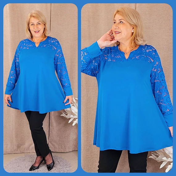 Csipke vállas+hosszú ujjas felső - KIRÁLYKÉK - 48-58 méret