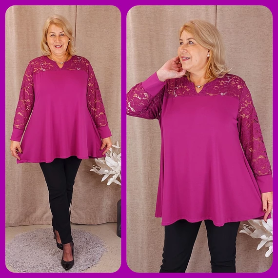 Csipke vállas+hosszú ujjas felső - FUXIA - 48-58 méret