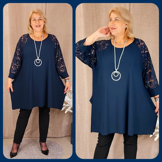 KEREK nyakú, CSIPKE ujjas felső - SÖTÉTKÉK - 50-56 méret 