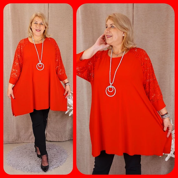 KEREK nyakú, CSIPKE ujjas felső - PIROS - 50-56 méret 