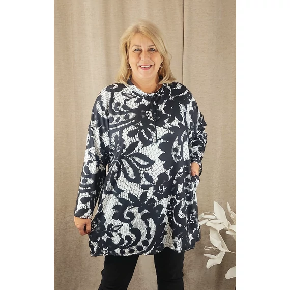 MONICA sálgalléros felső - FEHÉR alap, FEKETE horgolt mintás - 48-56 méret