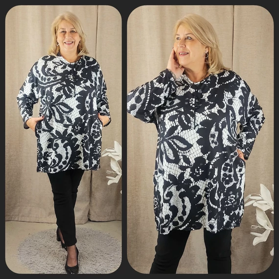 MONICA sálgalléros felső - FEHÉR alap, FEKETE horgolt mintás - 48-56 méret