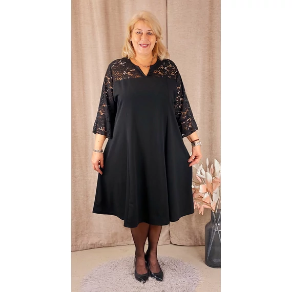 AMÁLIA Csipke vállas+ujjas egyberuha - FEKETE - 50-56 méret