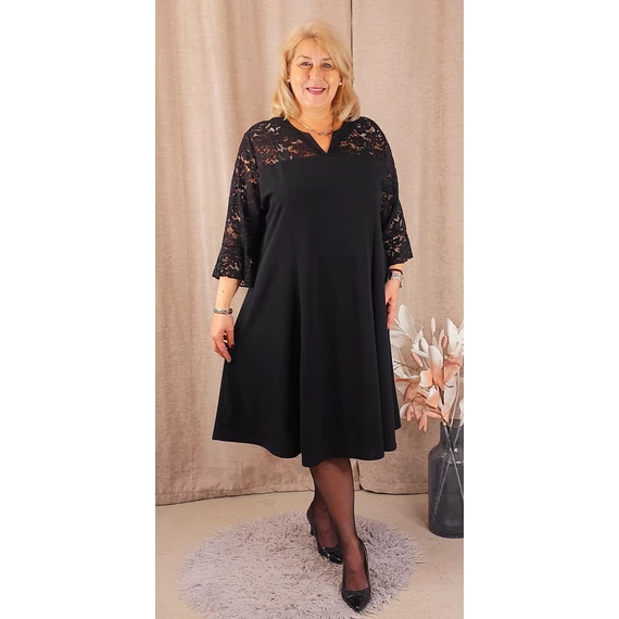 AMÁLIA Csipke vállas+ujjas egyberuha - FEKETE - 50-56 méret