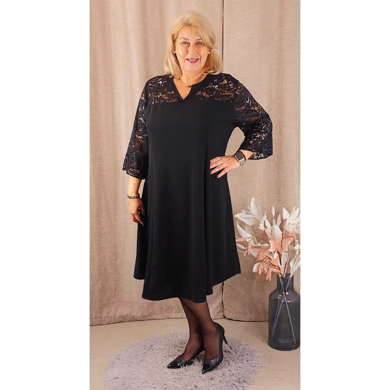 AMÁLIA Csipke vállas+ujjas egyberuha - FEKETE - 50-56 méret