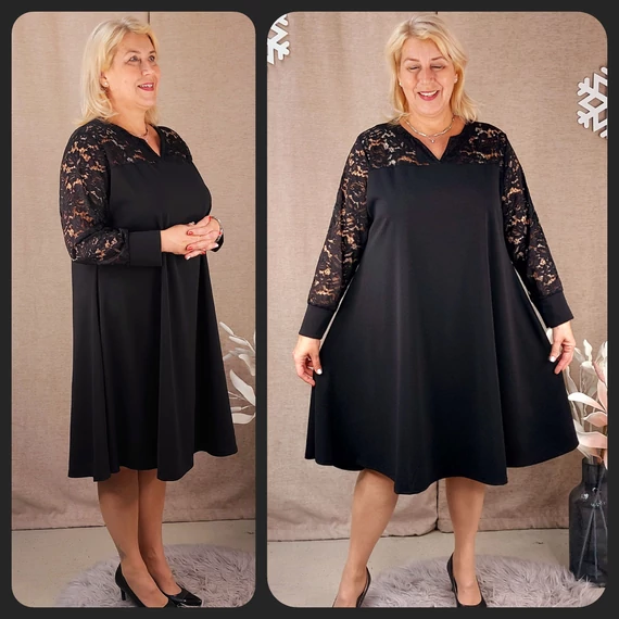 Csipke vállas+ujjas ALKALMI RUHA - FEKETE - 50-58 méret