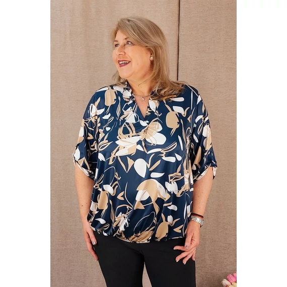 Félgalléros, alul gumis felső *DIZÁJN VIRÁGOS* - SÖTÉTKÉK - 48-54 méret