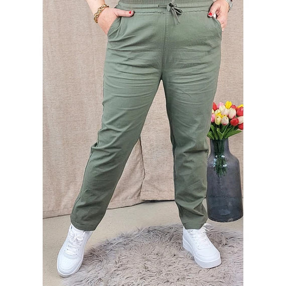 Egyenes szárú, gumis derekú lenvászon nadrág - KHAKI