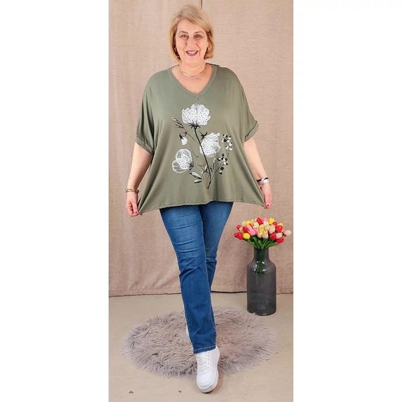 Strasszköves pipacsos, lepkés felső - KHAKI - 50-56 méret