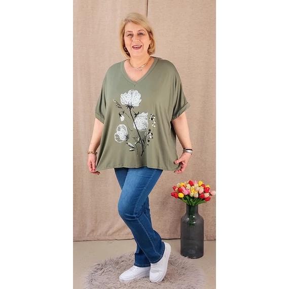 Strasszköves pipacsos, lepkés felső - KHAKI - 50-56 méret