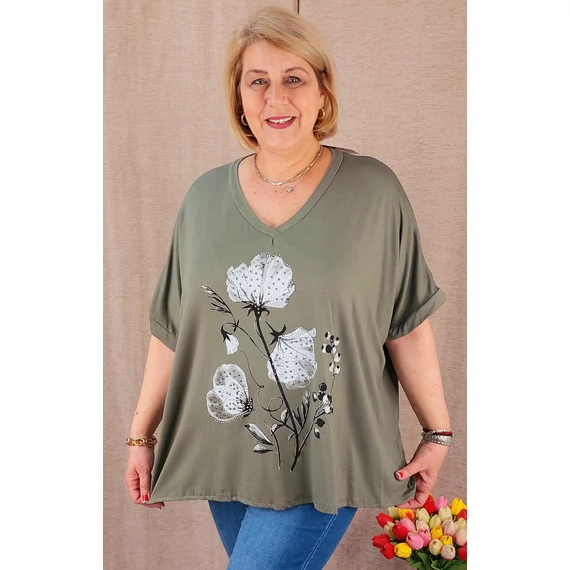 Strasszköves pipacsos, lepkés felső - KHAKI - 50-56 méret