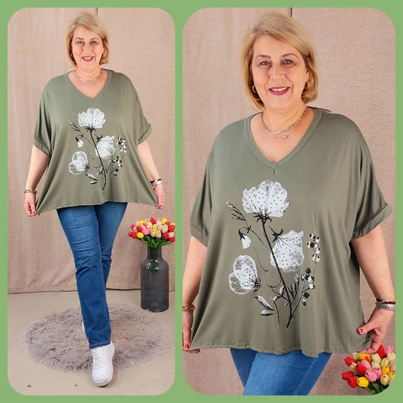 Strasszköves pipacsos, lepkés felső - KHAKI - 50-56 méret