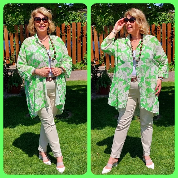 FILODENDRON mintás ing-tunika - ALMAZÖLD 48-56 méret