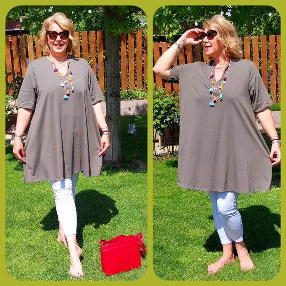 Huncut nyakú tunika - KHAKI - 48-54 méret