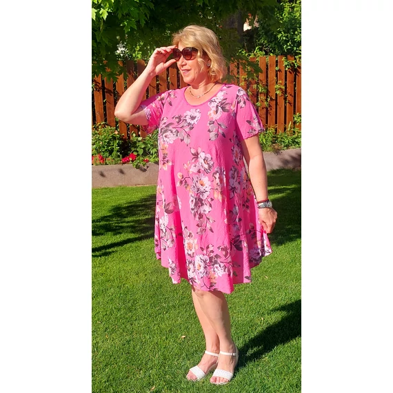 LenVászon, VIRÁG mintás, kánikula ruha - PINK - 48-54 méret