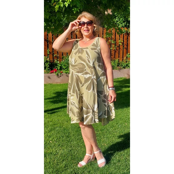 VIRÁG mintás, lenvászon, kánikula ruha - KHAKI- 48-52 méret