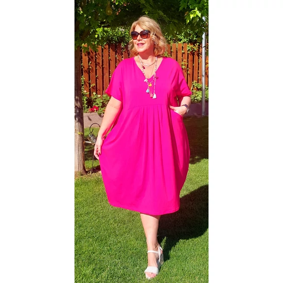 Elöl ráncolt,zsebes OVER SIZE pamut ruha - MAGENTA - 56-62 méret