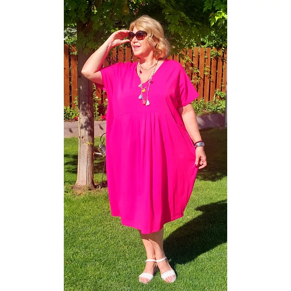 Elöl ráncolt,zsebes OVER SIZE pamut ruha - MAGENTA - 56-62 méret