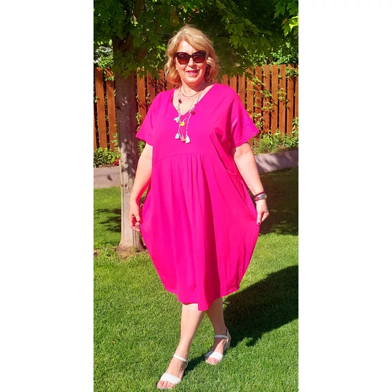 Elöl ráncolt,zsebes OVER SIZE pamut ruha - MAGENTA - 56-62 méret