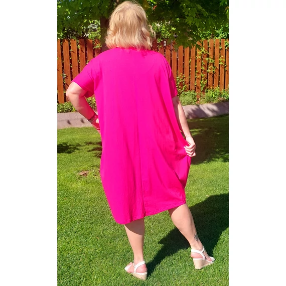 Elöl ráncolt,zsebes OVER SIZE pamut ruha - MAGENTA - 56-62 méret
