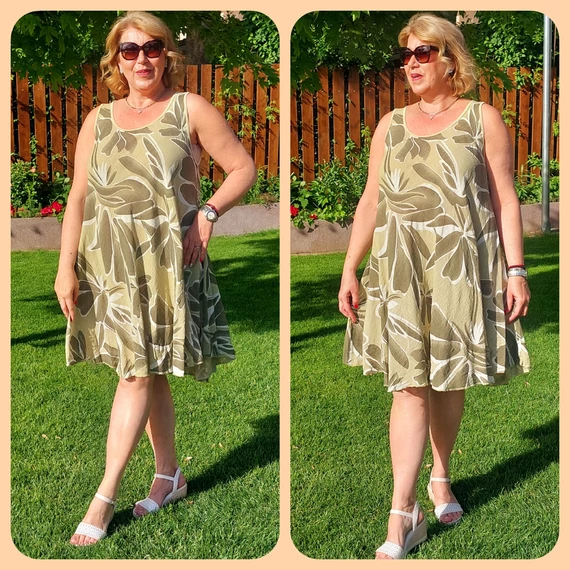 VIRÁG mintás, lenvászon, kánikula ruha - KHAKI- 48-52 méret