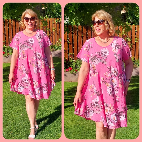 LenVászon, VIRÁG mintás, kánikula ruha - PINK - 48-54 méret