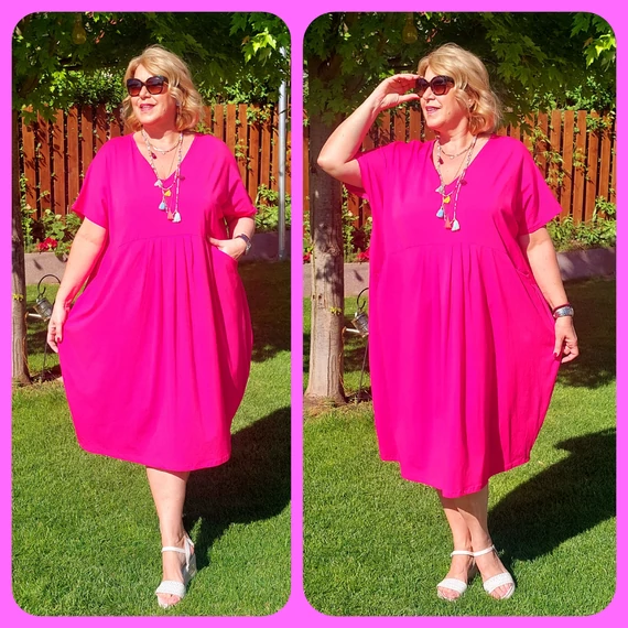Elöl ráncolt,zsebes OVER SIZE pamut ruha - MAGENTA - 56-62 méret
