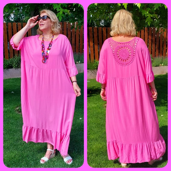 OVER SIZE, hátán horgolt berakásos, MAXI egyberuha - PINK - 52-60 méret