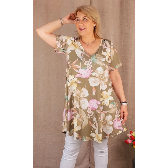V-nyakas, VIRÁG mintás tunika - KHAKI - 44-52 méret