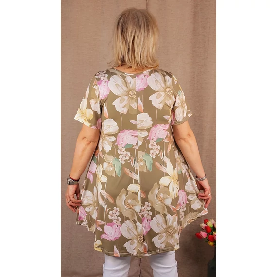 V-nyakas, VIRÁG mintás tunika - KHAKI - 44-52 méret