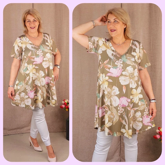 V-nyakas, VIRÁG mintás tunika - KHAKI - 44-52 méret