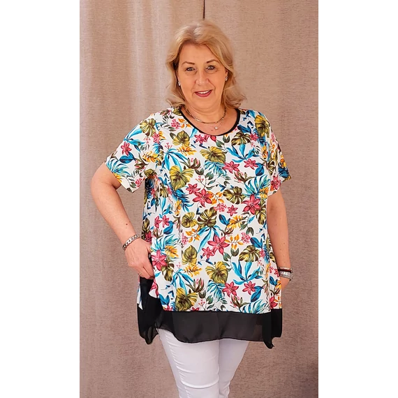 MUSZLIN szegélyes blúz-TÜRKIZ&RÓZSASZÍN filodendron - 48-54 méret