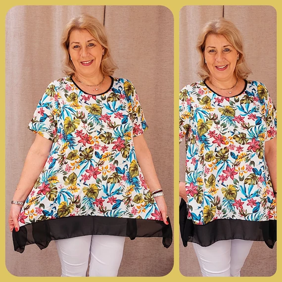 MUSZLIN szegélyes blúz-TÜRKIZ&RÓZSASZÍN filodendron - 48-54 méret