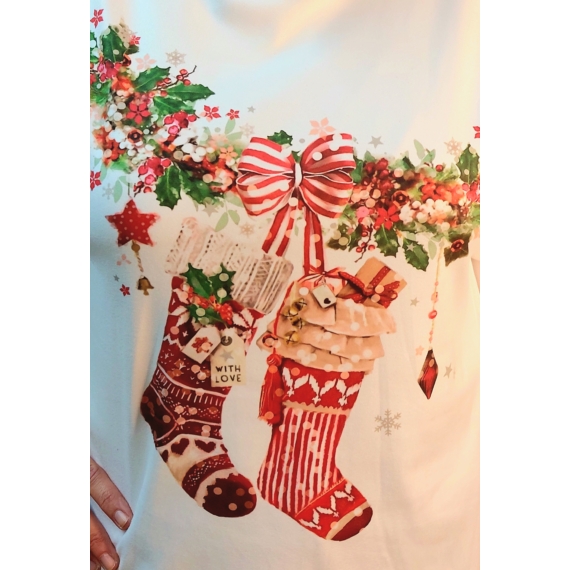 KARÁCSONYI hófehér pulóver - girland zoknikkal - 44-48 méret